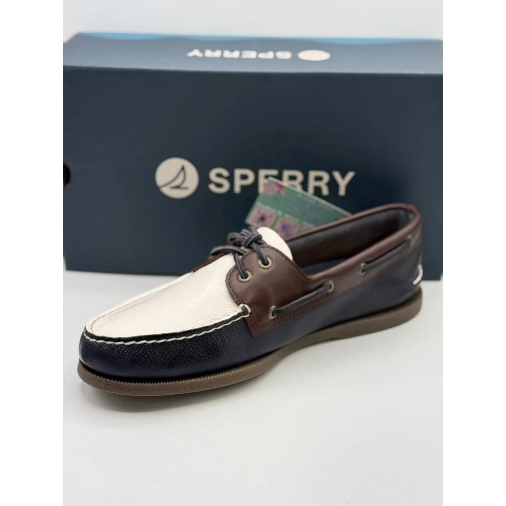 Sperry Top-Sider AO 2-Eye Boat Shoes Navy White Brown Leather NWT Sz 10‎